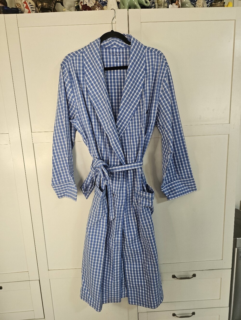Nautica S/M Robe NWOT Blue White Gingham Plaid Belted Cotton Blend Sleepwear